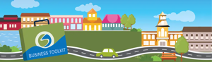 graphic banner with cars driving on road and overlayed briefcase with Scugog 'S' logo and text reading 'Business Toolkit'